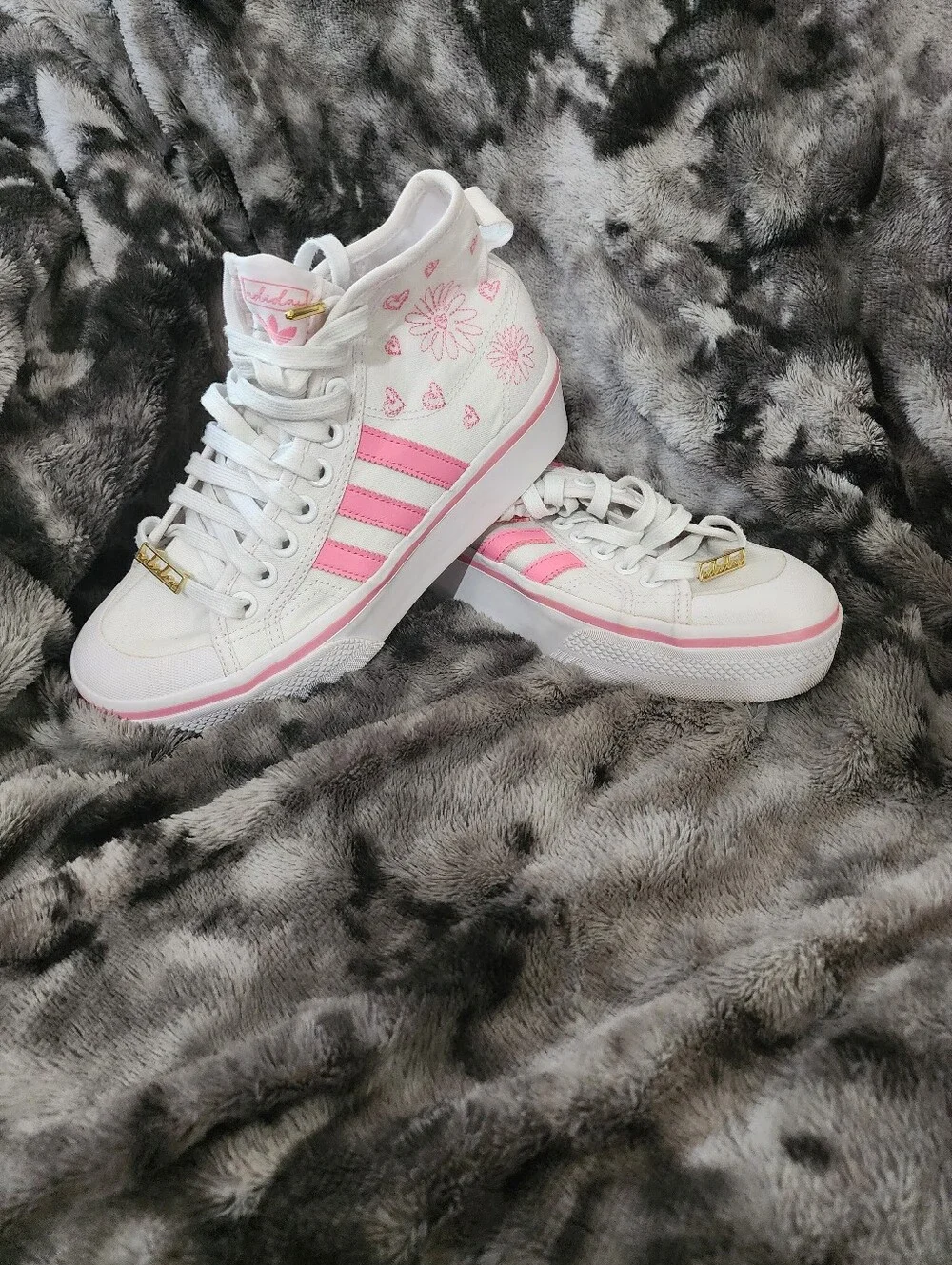 adidas White & Pink High-Top Sneakers with Floral Accents